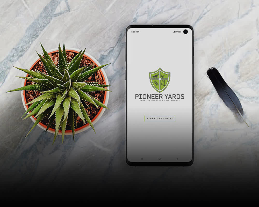 Green indoor plant logo design mockup ideas. Custom. Mobile phone with emblem and text. Black feather. Cheap solutions