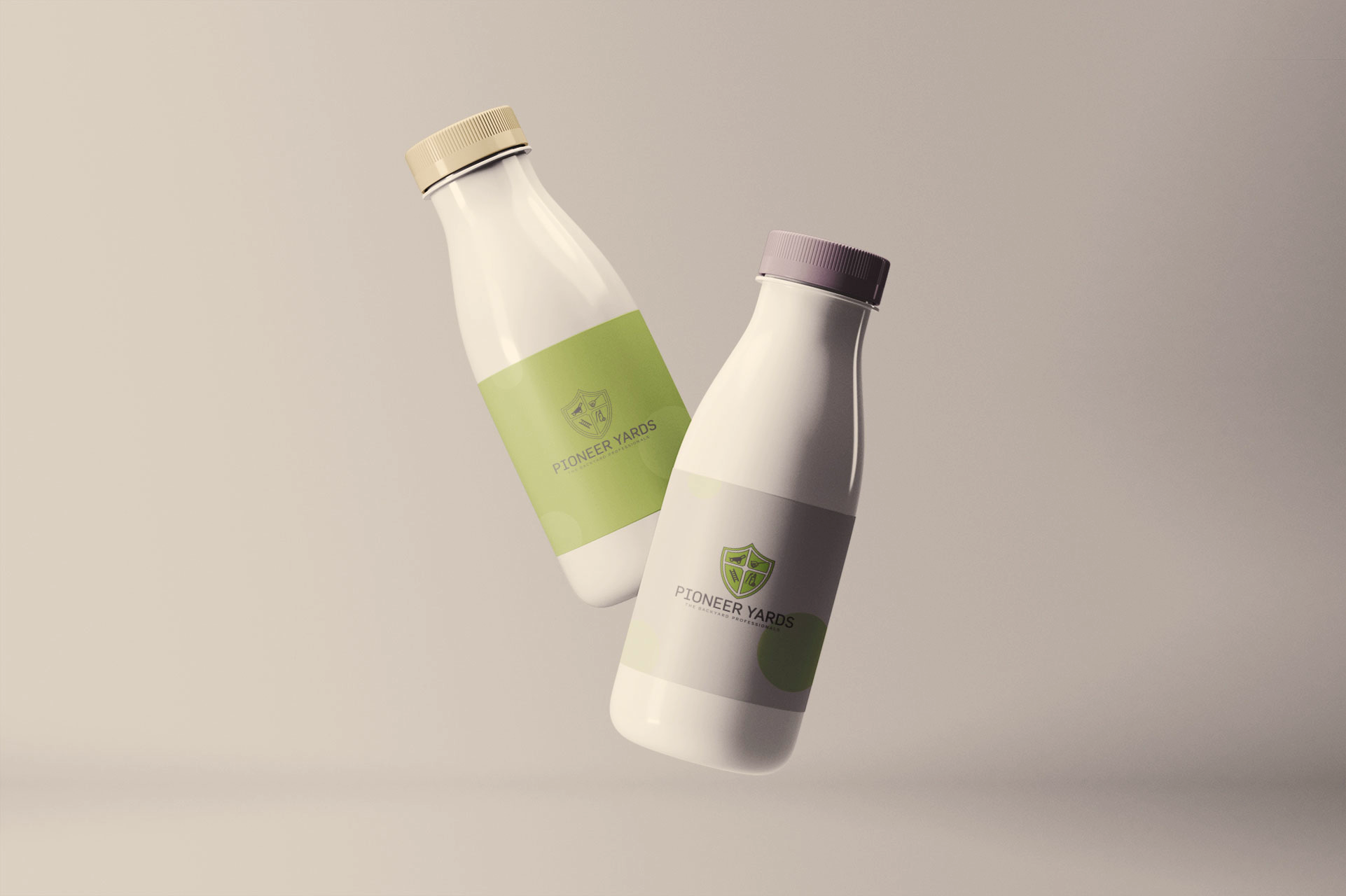 Custom logo design. Small milk bottles. Unique branding mockup. White & Green. Stationery. PioneerYards. GetSolutions