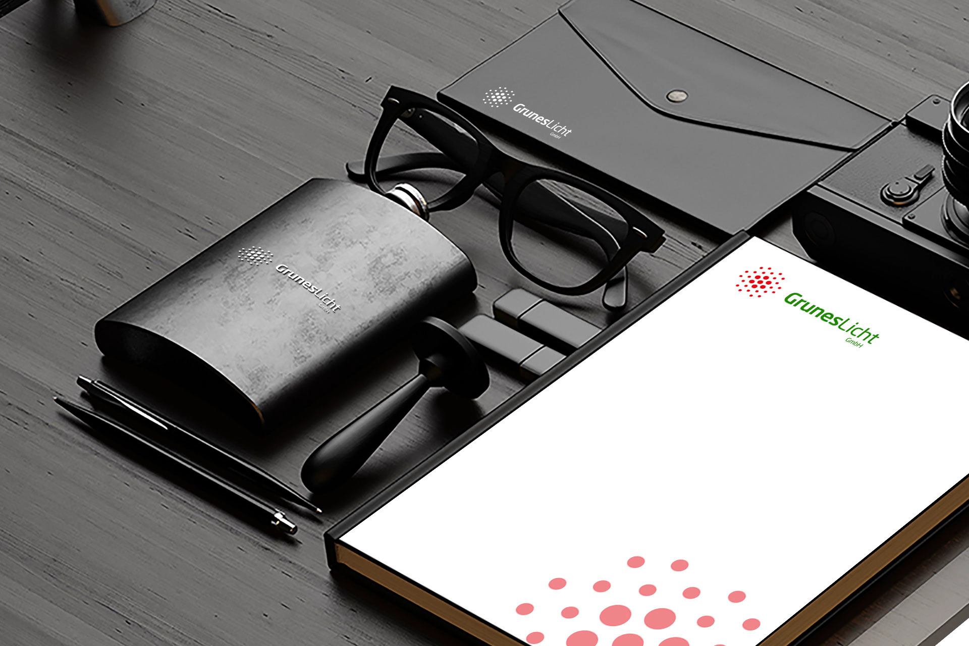 GrunesLicht. Office stationery design mockup. Logo Solutions. Red dots. Camera. Paper. Pens. Stamp. Black glasses