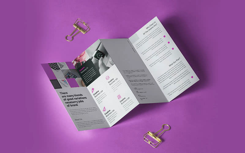 Brochure mock-up ideas. Digital Catalogue. Flyers. Leaflets. Purple Abstract Theme. Paper clip. Four fold. Design Firm