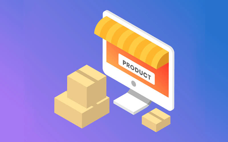 Blue & Purple Vector| Orange desktop screen| Cardboard boxes| Online ecommerce website| Shopping cart| Online Solutions